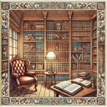Ilustración de una biblioteca acogedora con estanterías llenas de libros, luces suaves y un ambiente cálido que invita a la lectura.
